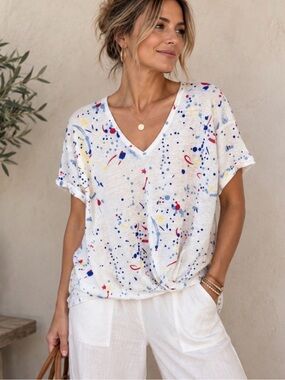 CHARLIE B White V-Neck Linen Short Sleeve Top with Multi Color Splash Print Sz S